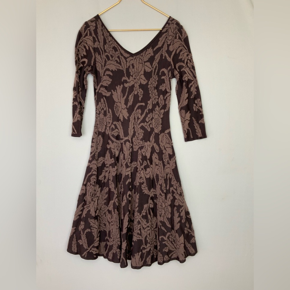 Peruvian Connection Sz Small Brown Jacquard Textured Pima Knit Fit & Flare Dress